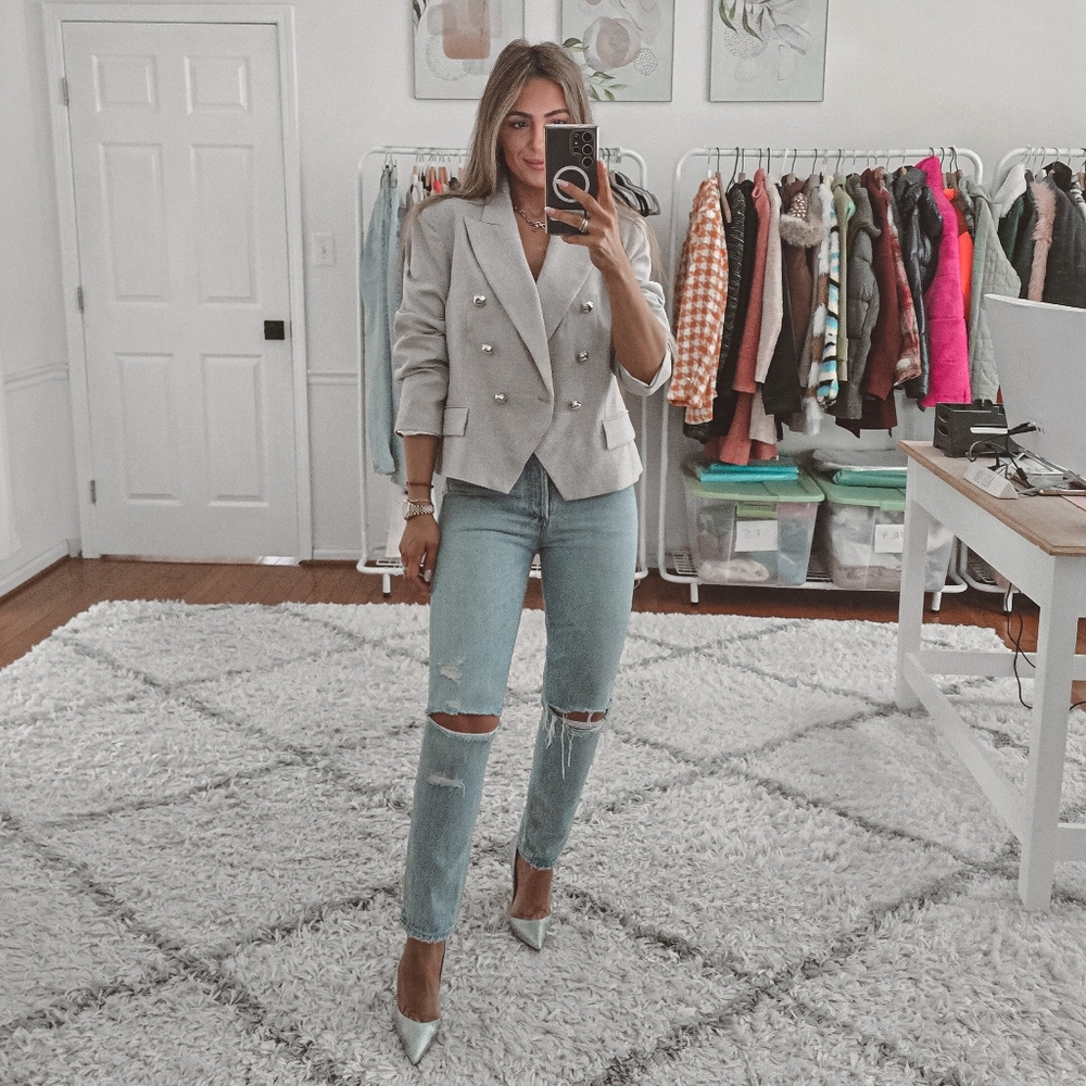 Zara gray double breasted cropped blazer jacket size L - Picture 2 of 11